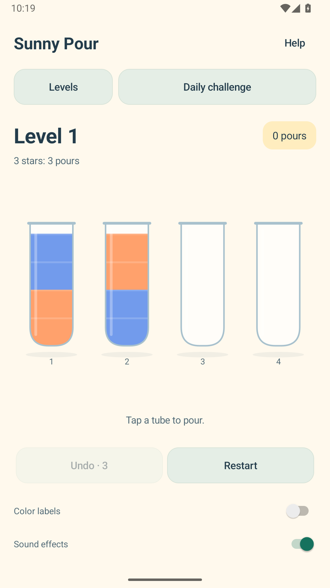 The first Sunny Pour level, with two colors to sort.