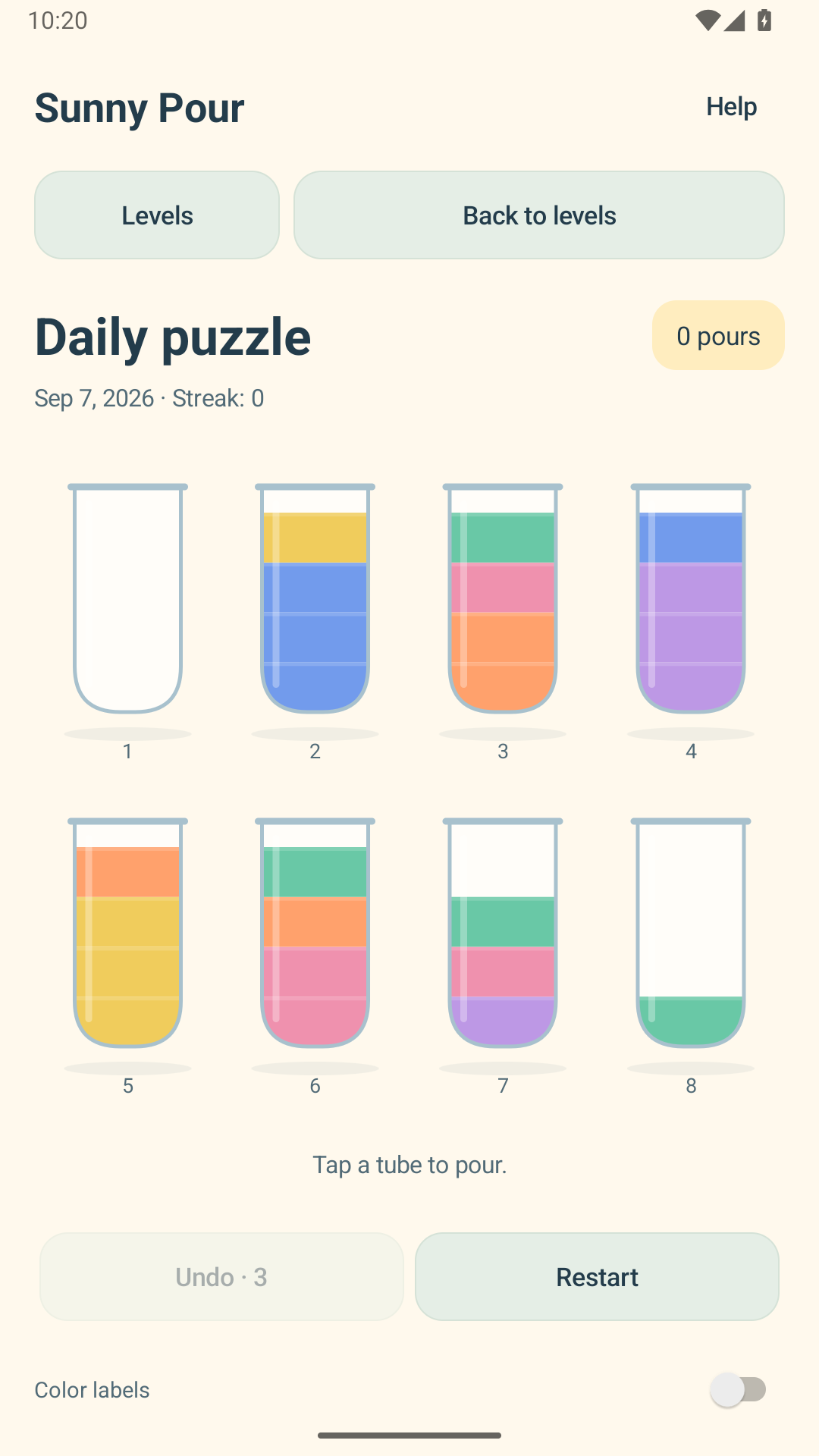 A daily puzzle with eight tubes and six colors.