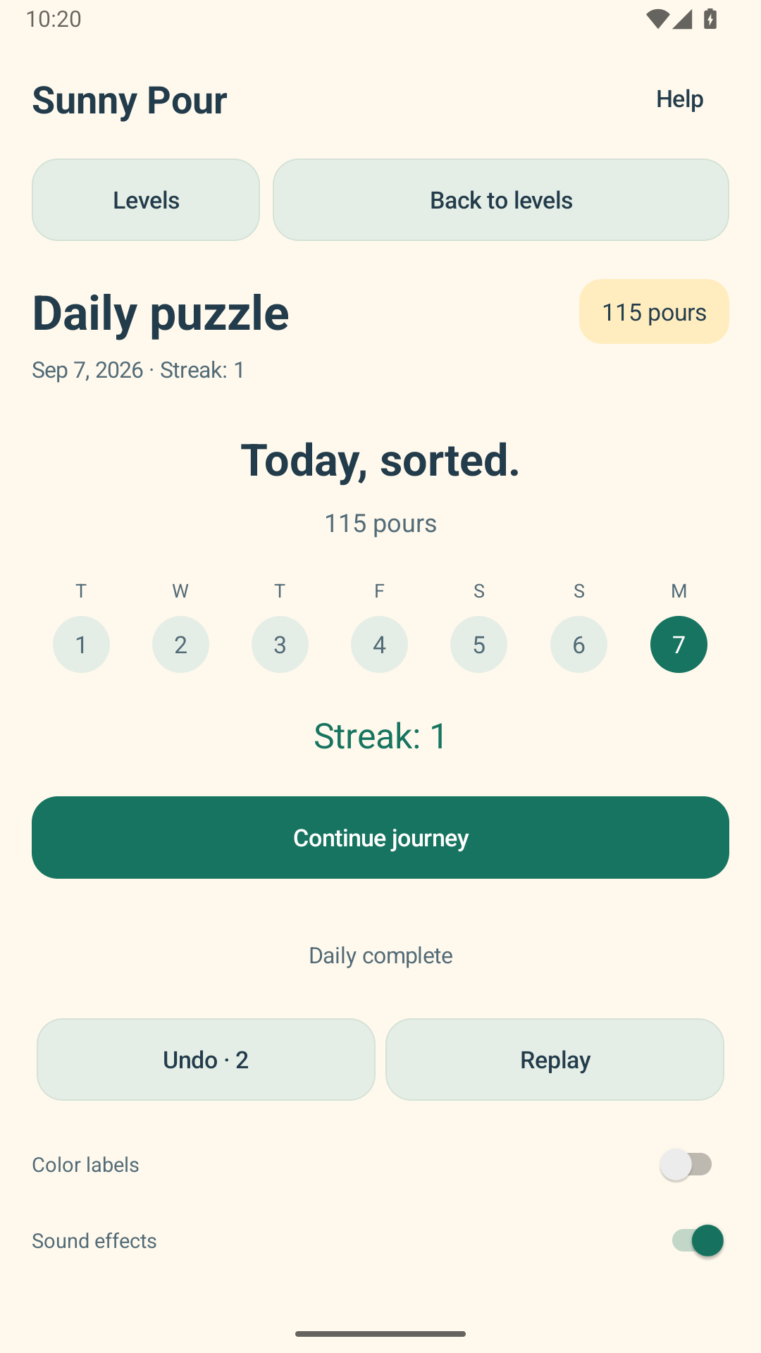 The daily completion screen with a seven-day history.